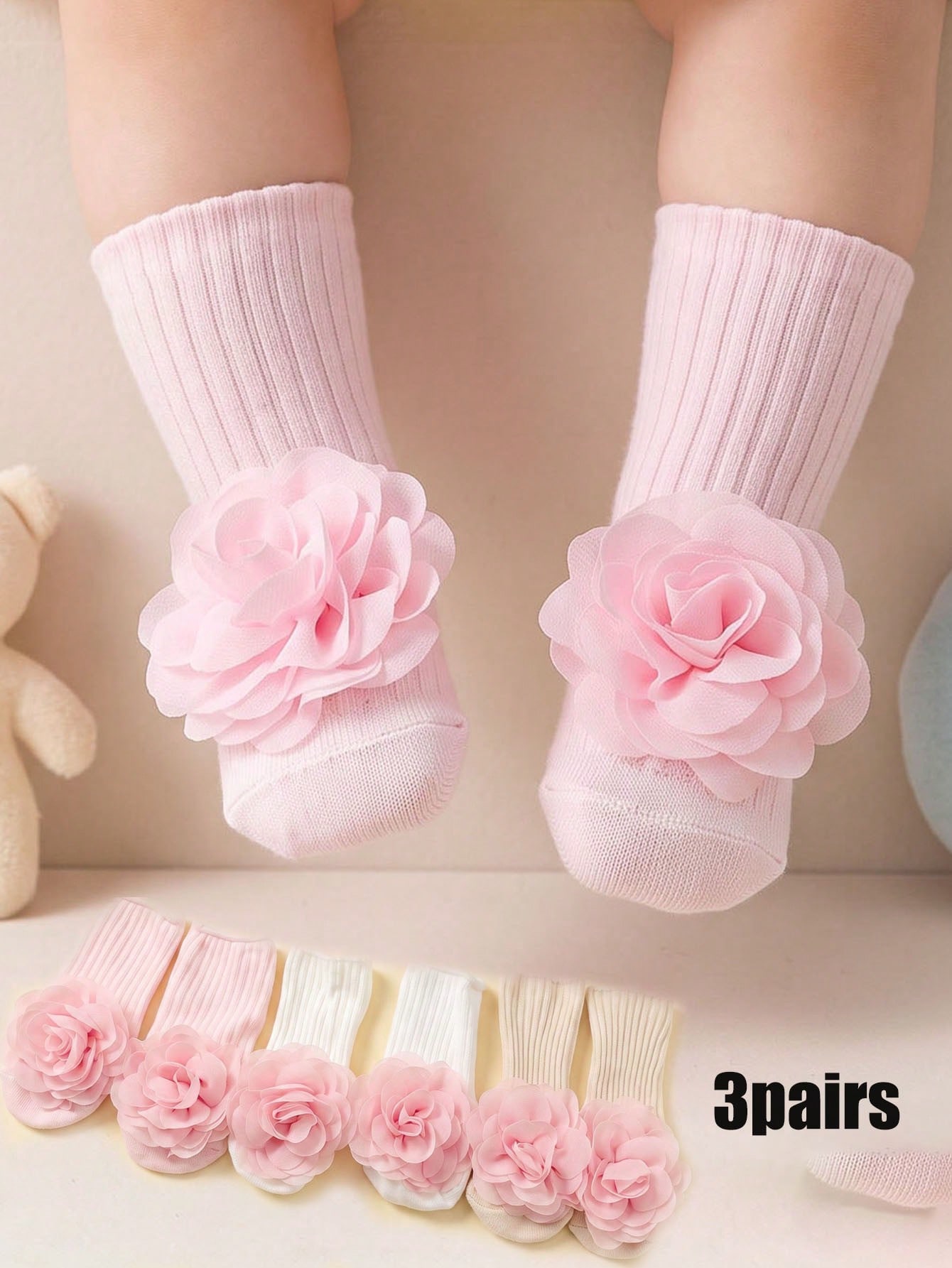 Toddler Sock Set - 3Pairs 3‑24M Kids Floral Mid Calf